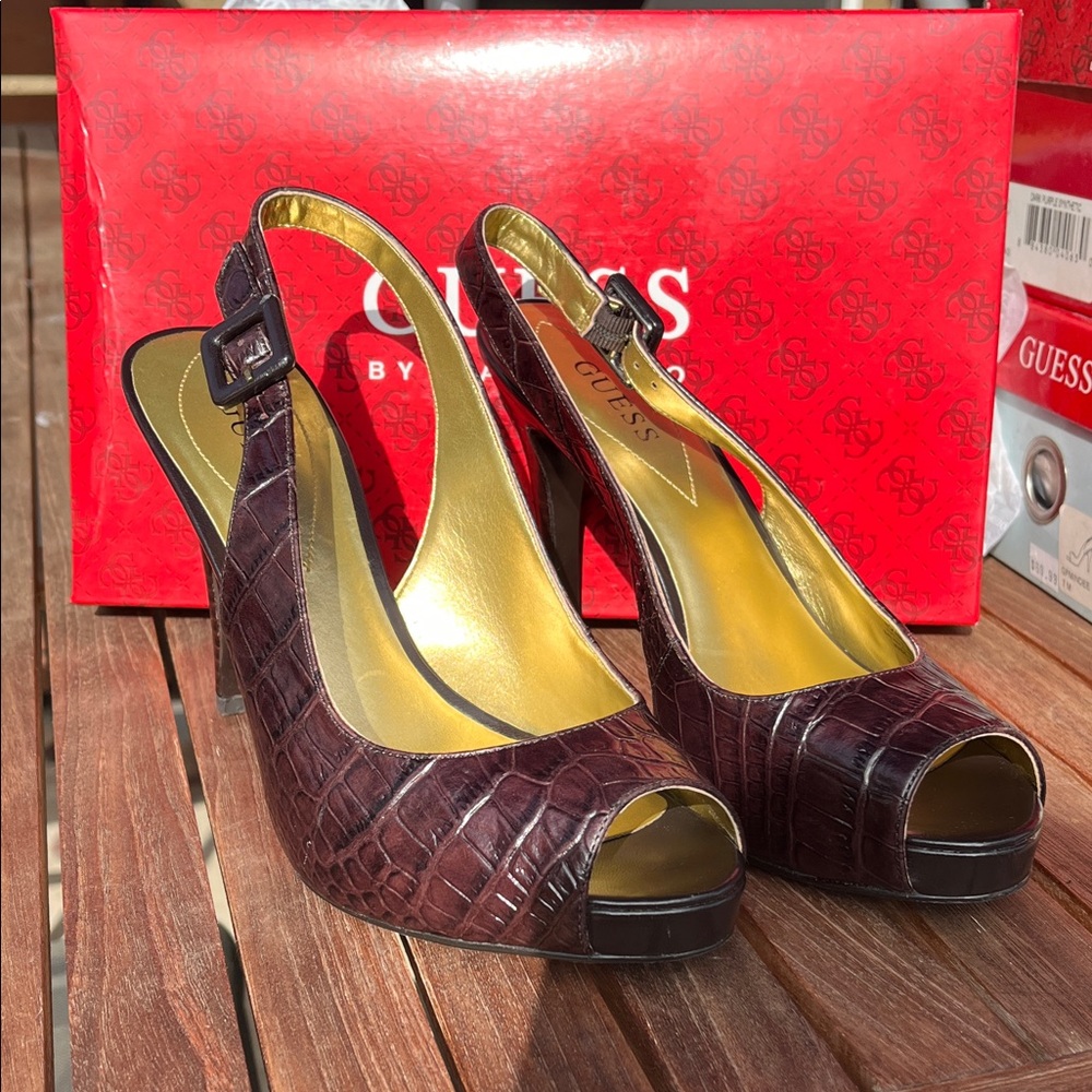 Guess Women's Dark Brown Croc-Embossed Slingback Heels